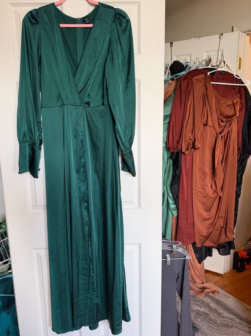 SHEIN Deep Emerald Green Satin Wrap Maxi Dress